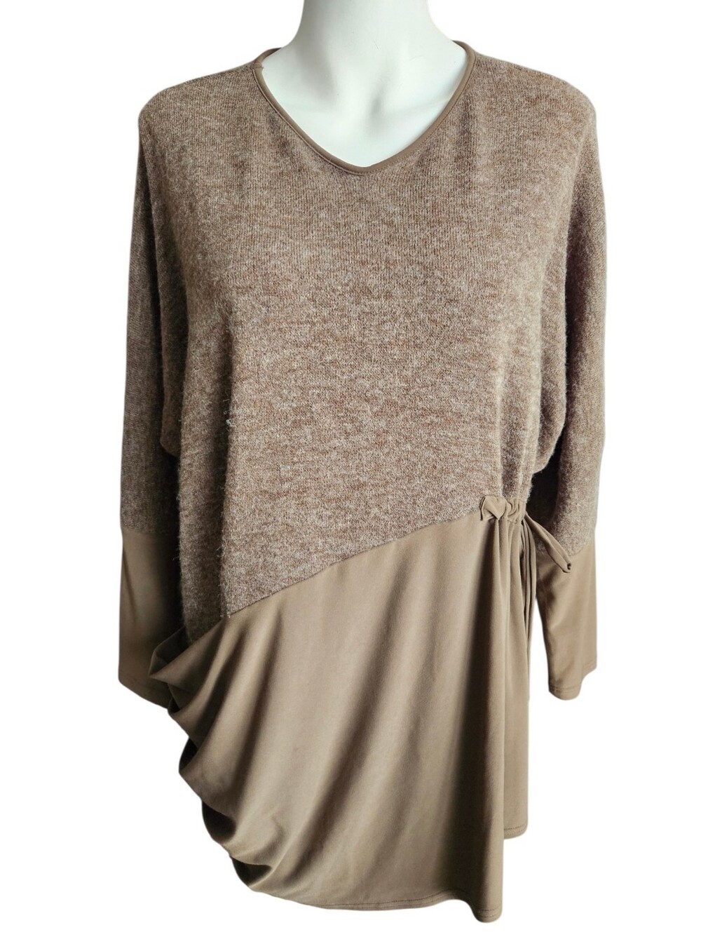 Sympli Asymmetric Draped Mixed Media Side Tie Sweater Tunic Top Sz 6 Brown Fall